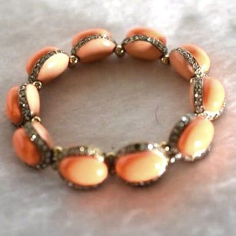 Vtg Ann Taylor Shades Of Orange Crystal Bean Stone Silver 6" Stretch Bracelet